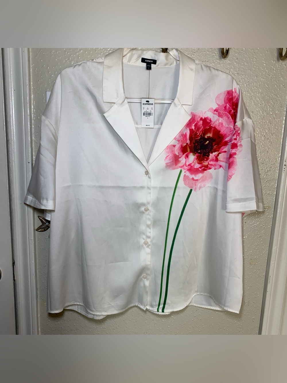 Express White Button-Down Shirt with Pink Floral Accent Women’s Size Large